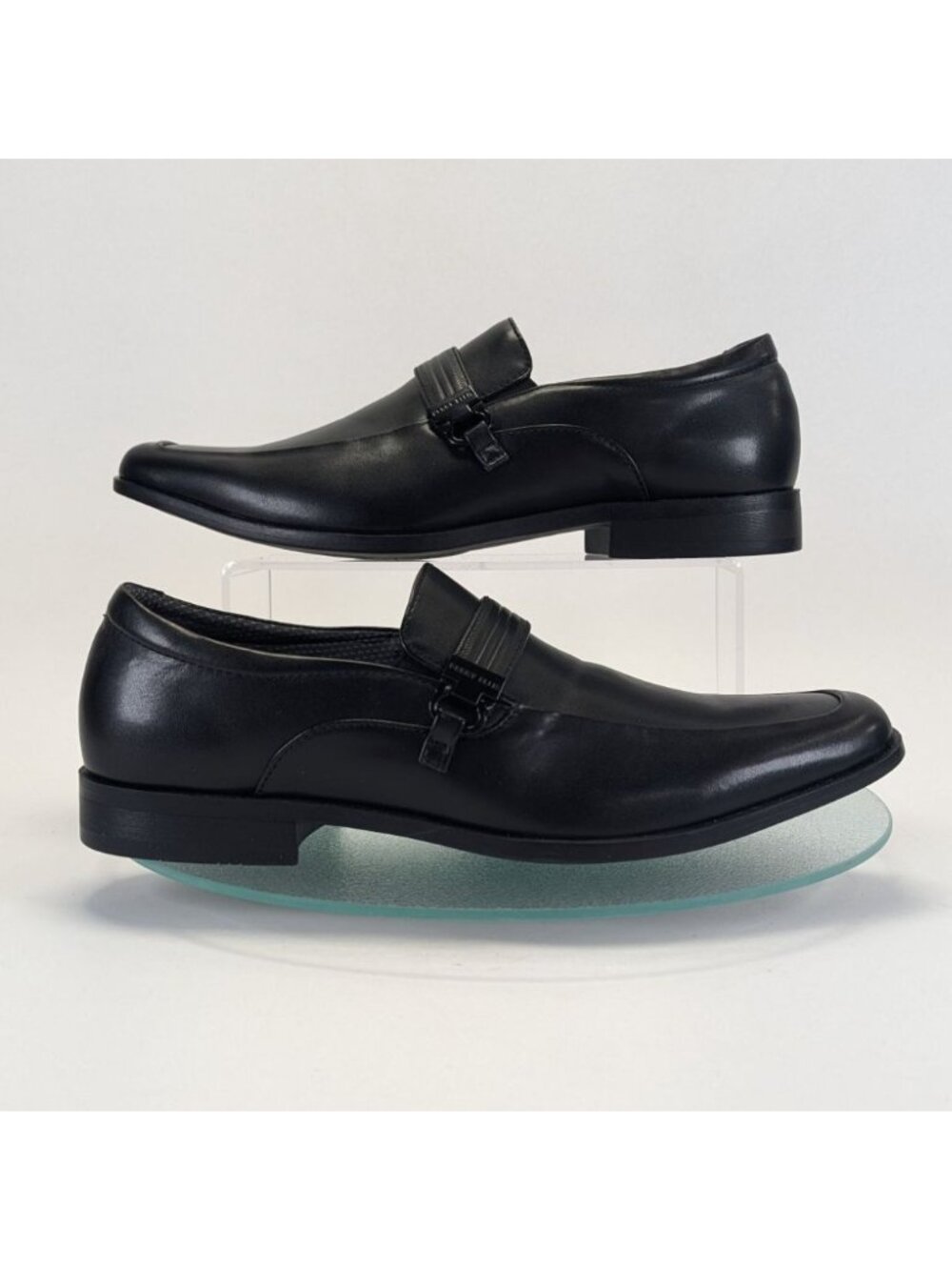 Mens Perry Ellis Black Vegan Leather Loafers Size 9 Slip-On Buckle Dress Shoes